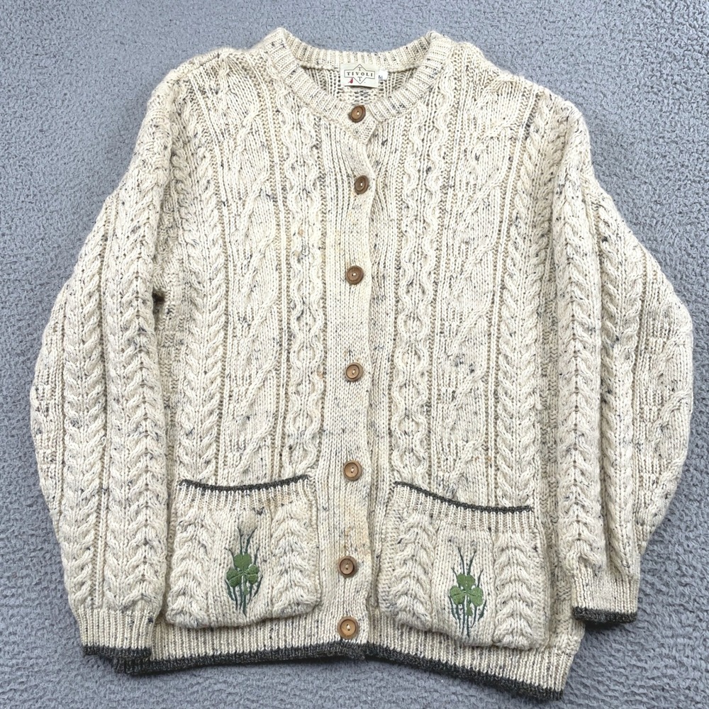 Tivoli Cardigan Irish Sweater Fisherman Womens M Cream Cable Knit Wool Shamrock